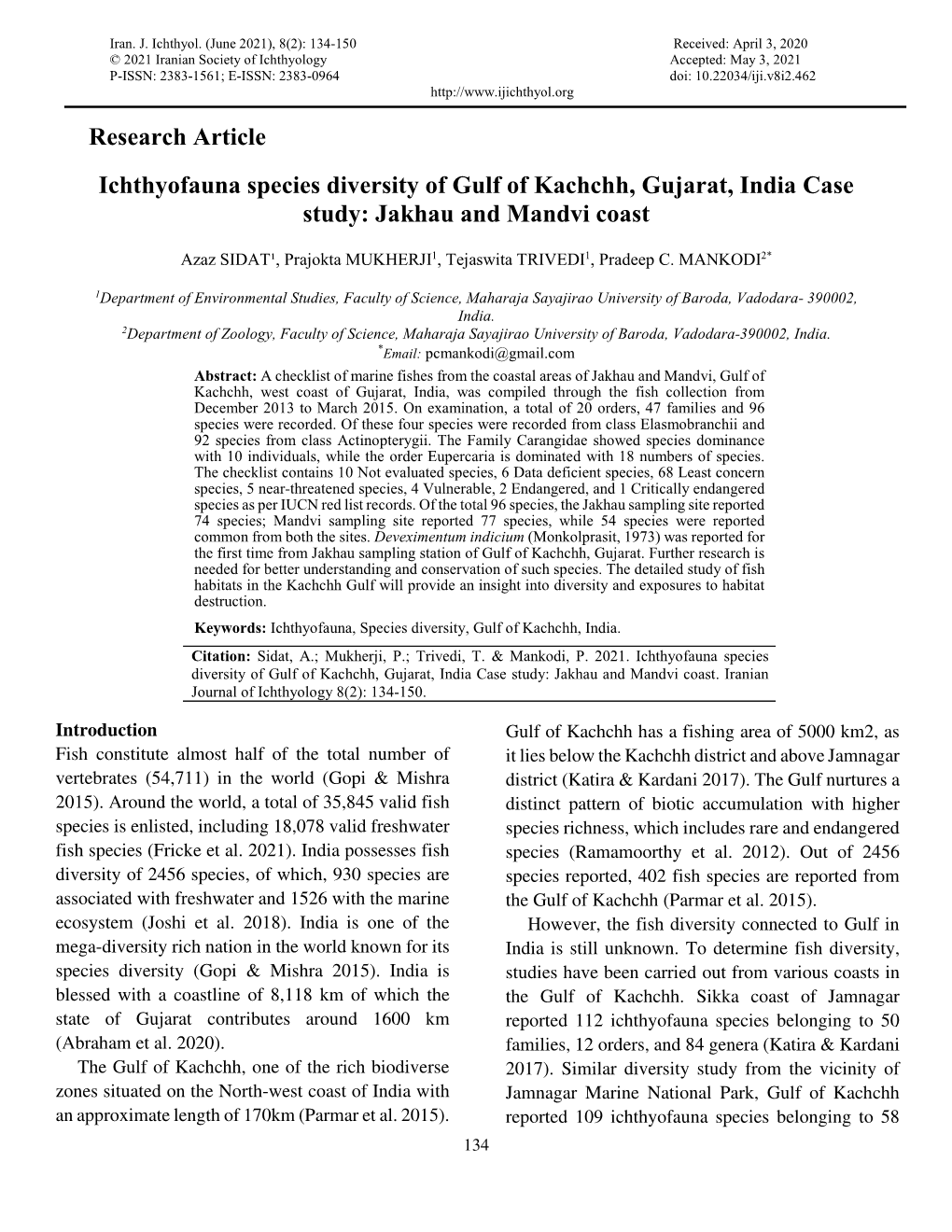 Research Article Ichthyofauna Species Diversity of Gulf of Kachchh