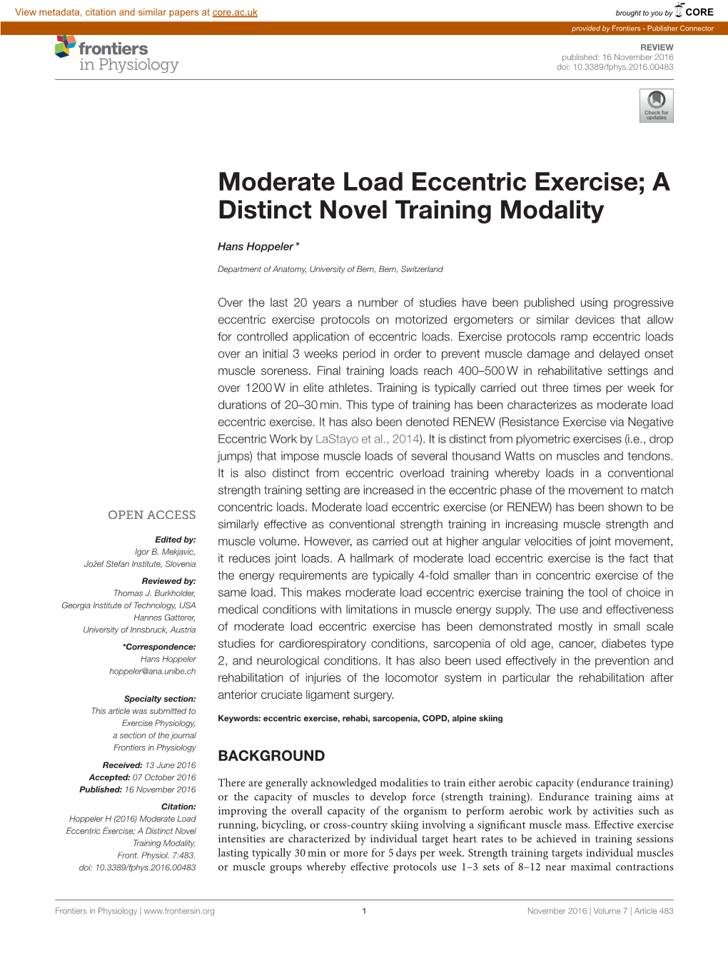 Moderate Load Eccentric Exercise; a Distinct Novel Training Modality