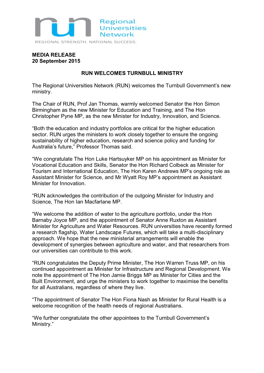 MEDIA RELEASE 20 September 2015