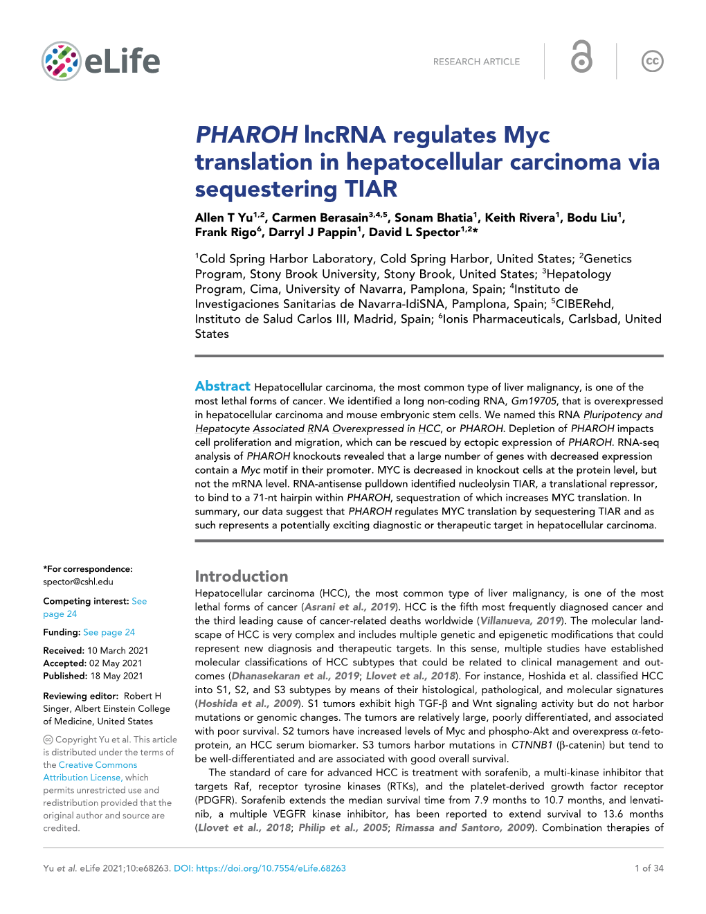 PHAROH Lncrna Regulates Myc Translation in Hepatocellular