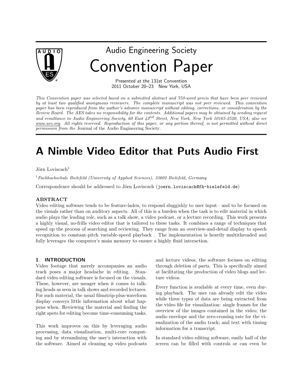 Convention Paper Presented at the 131St Convention 2011 October 20–23 New York, USA
