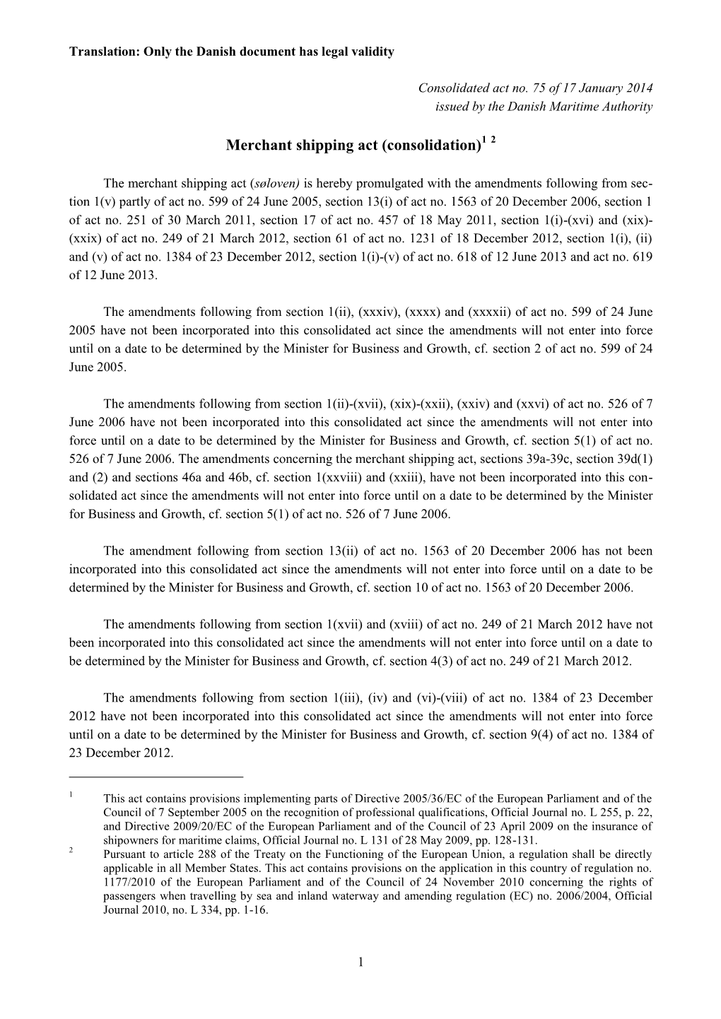 The Merchant Shipping Act (Søloven) Is Hereby Promulgated with the Amendments Following from Sec- Tion 1(V) Partly of Act No