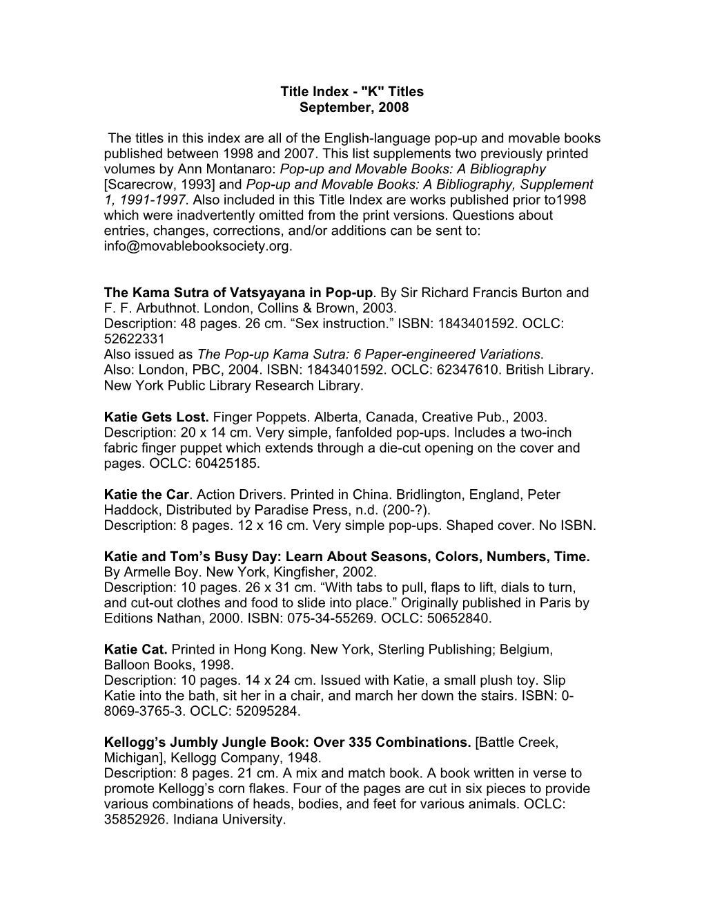Title Index - "K" Titles September, 2008