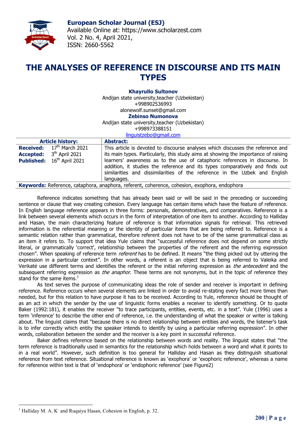 The Analyses of Reference in Discourse and Its Main Types