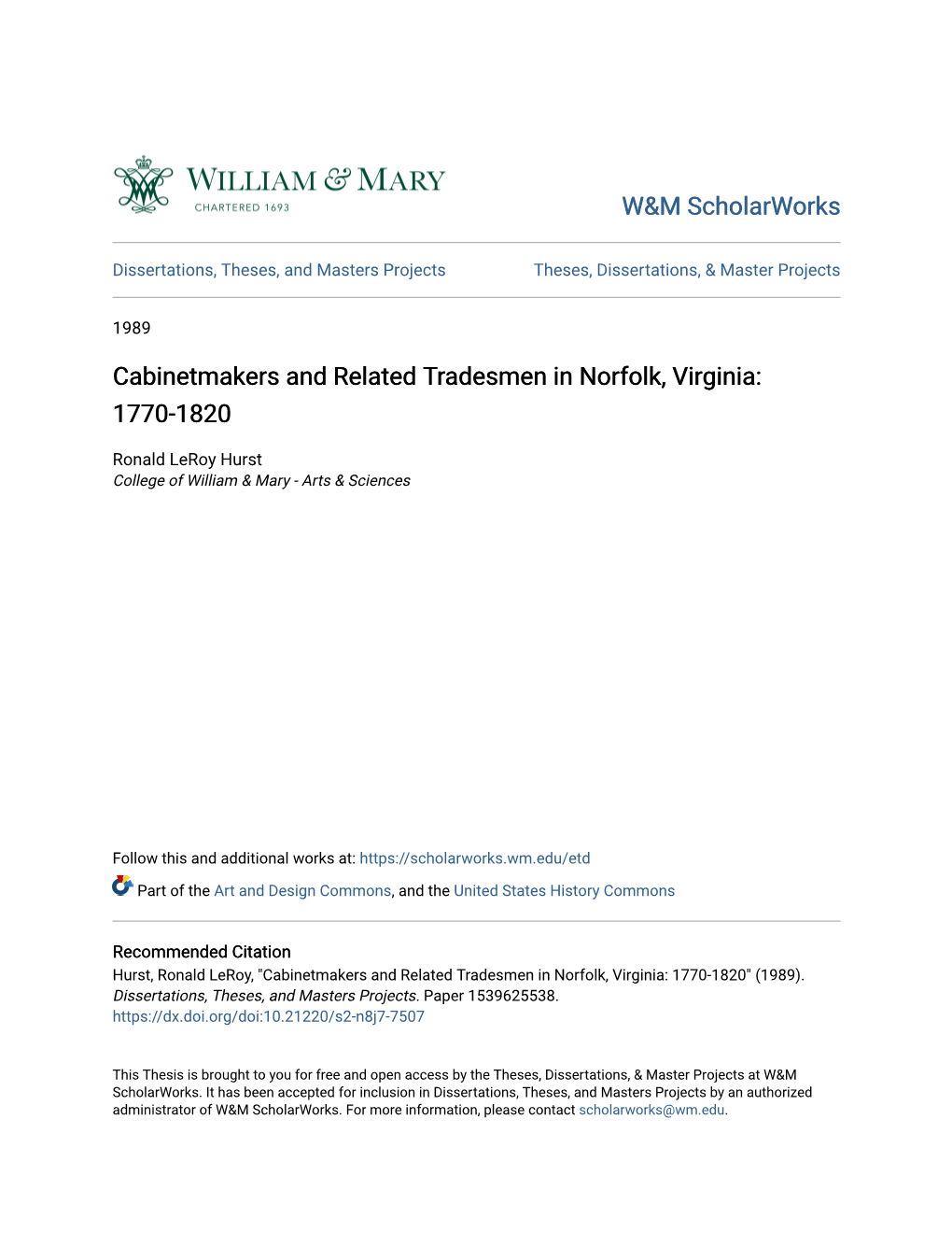 Cabinetmakers and Related Tradesmen in Norfolk, Virginia: 1770-1820