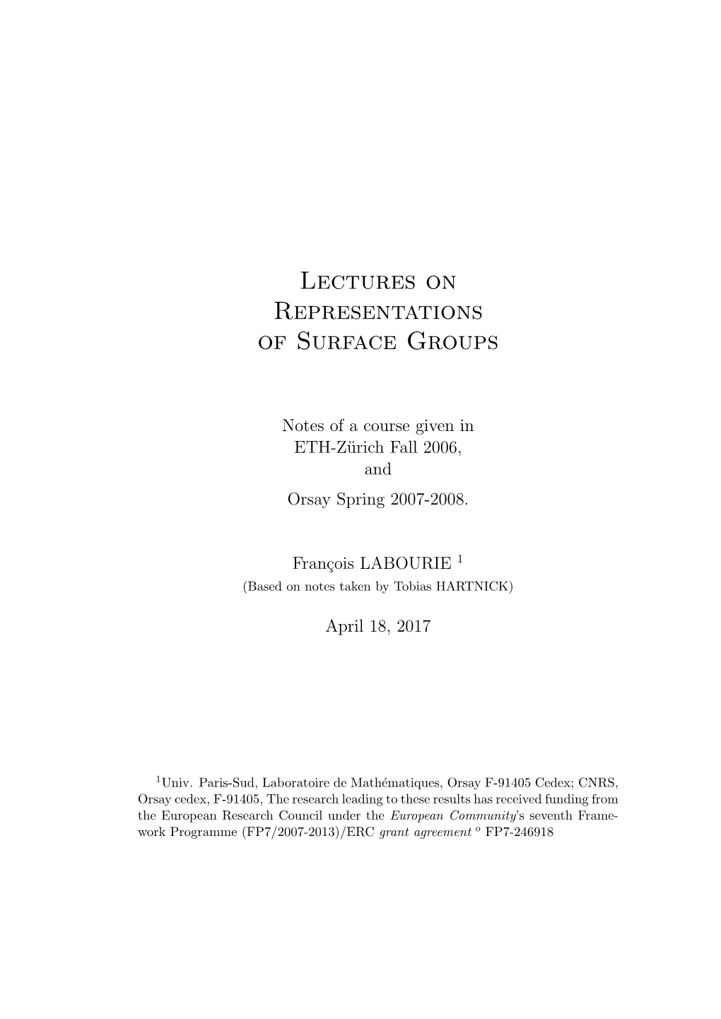 Lectures on Representations of Surface Groups