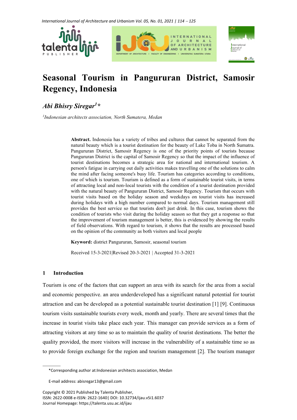 Seasonal Tourism in Pangururan District, Samosir Regency, Indonesia