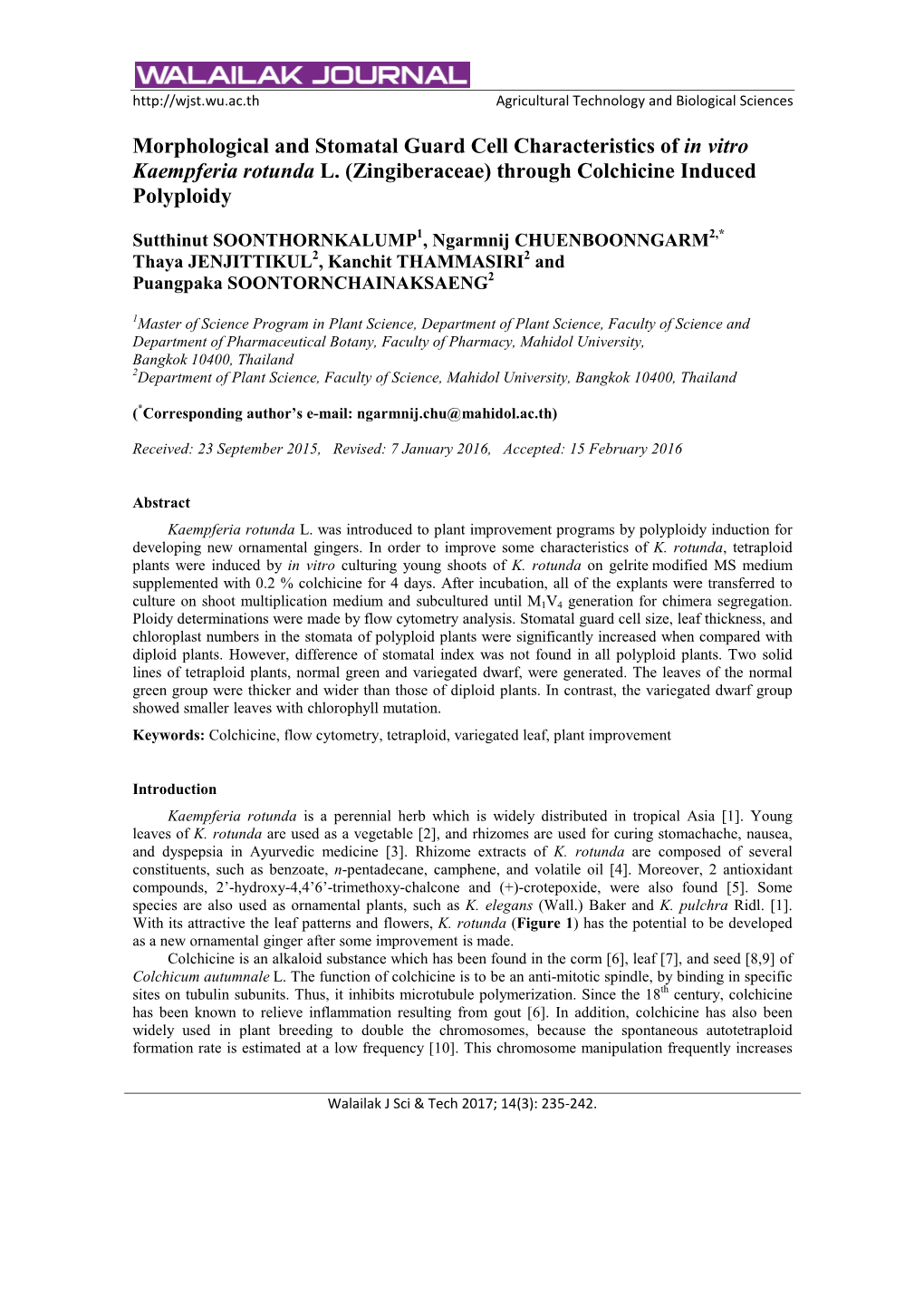 Morphological and Stomatal Guard Cell Characteristics of in Vitro Kaempferia Rotunda L
