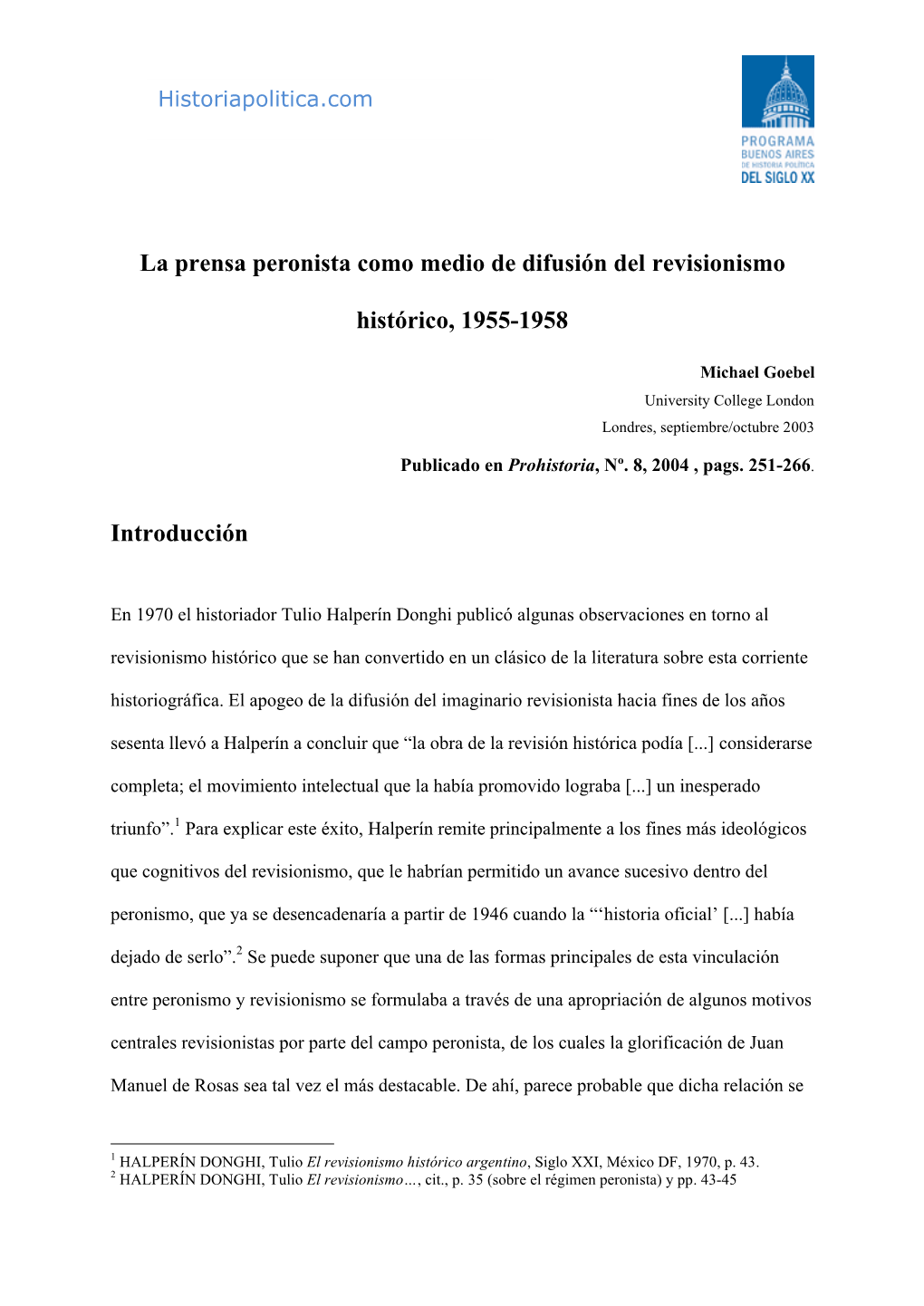 La Prensa Peronista Como Medio De Difusión Del Revisionismo Histórico