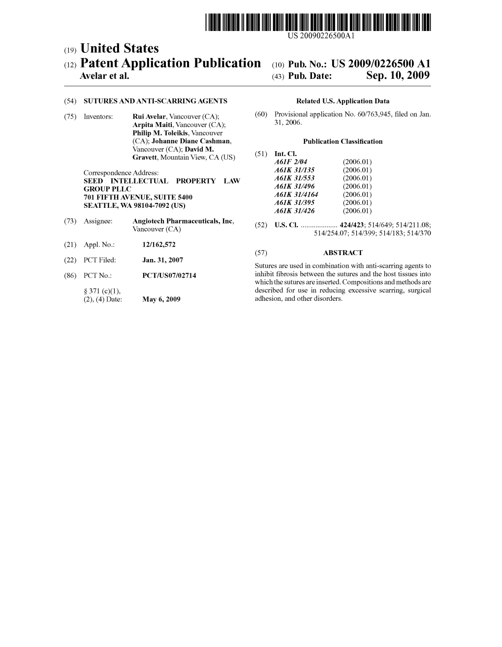 (12) Patent Application Publication (10) Pub. No.: US 2009/0226500 A1 Avelar Et Al