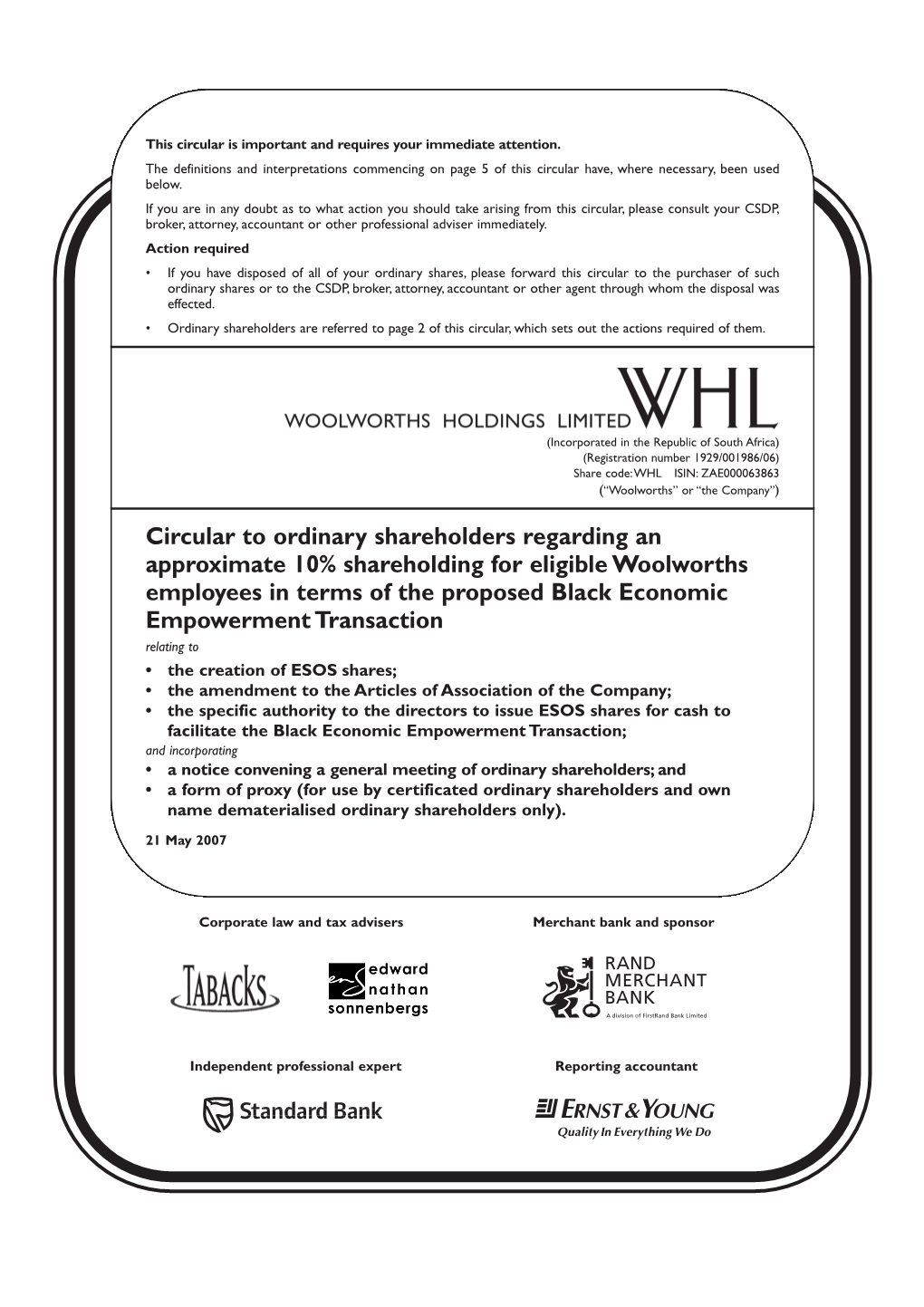 May 2007 Circular to Ordinary Shareholders