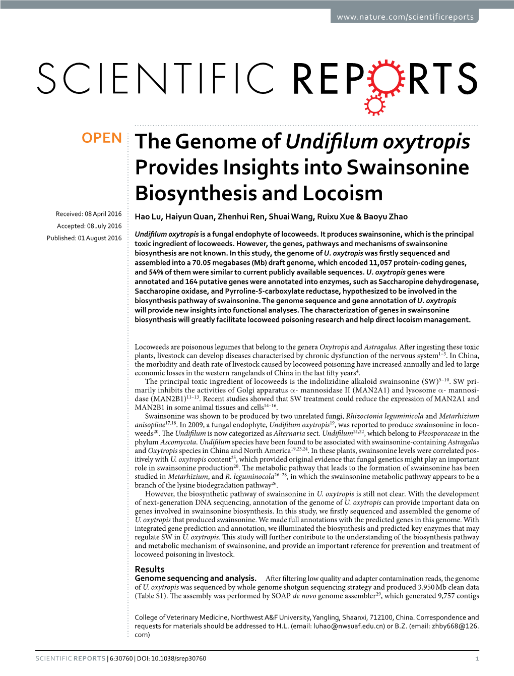 The Genome of Undifilum Oxytropis Provides Insights Into Swainsonine