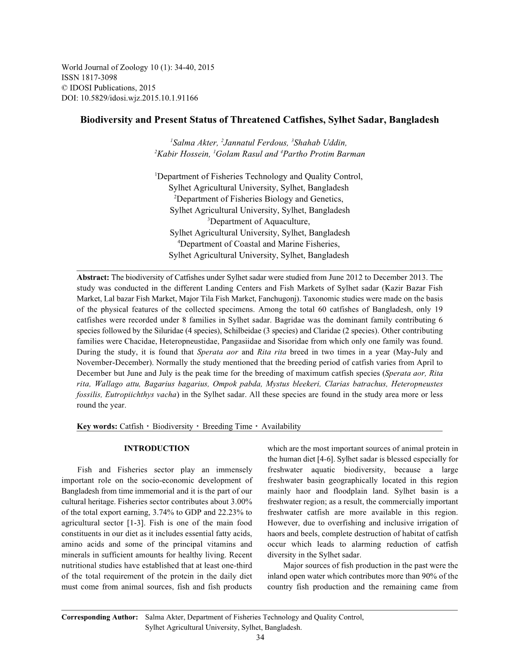 Biodiversity and Present Status of Threatened Catfishes, Sylhet Sadar, Bangladesh