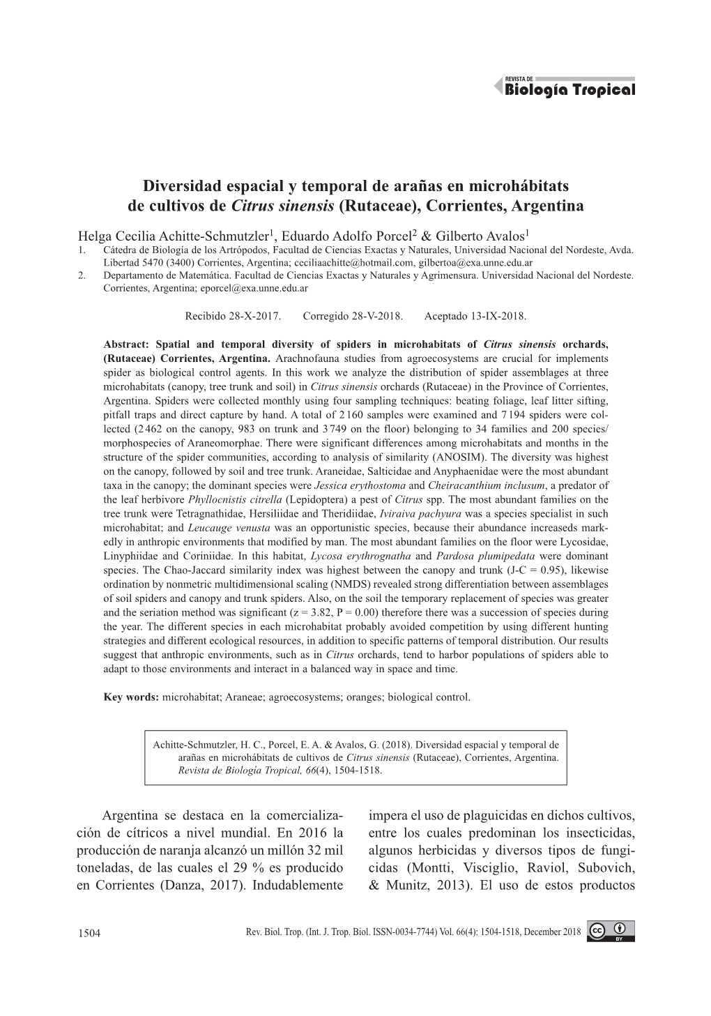 Diversidad Espacial Y Temporal De Arañas En Microhábitats De Cultivos De Citrus Sinensis (Rutaceae), Corrientes, Argentina