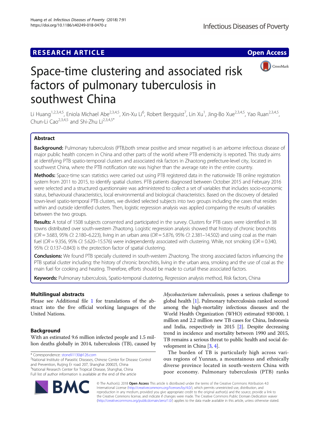 Space-Time Clustering and Associated Risk Factors of Pulmonary