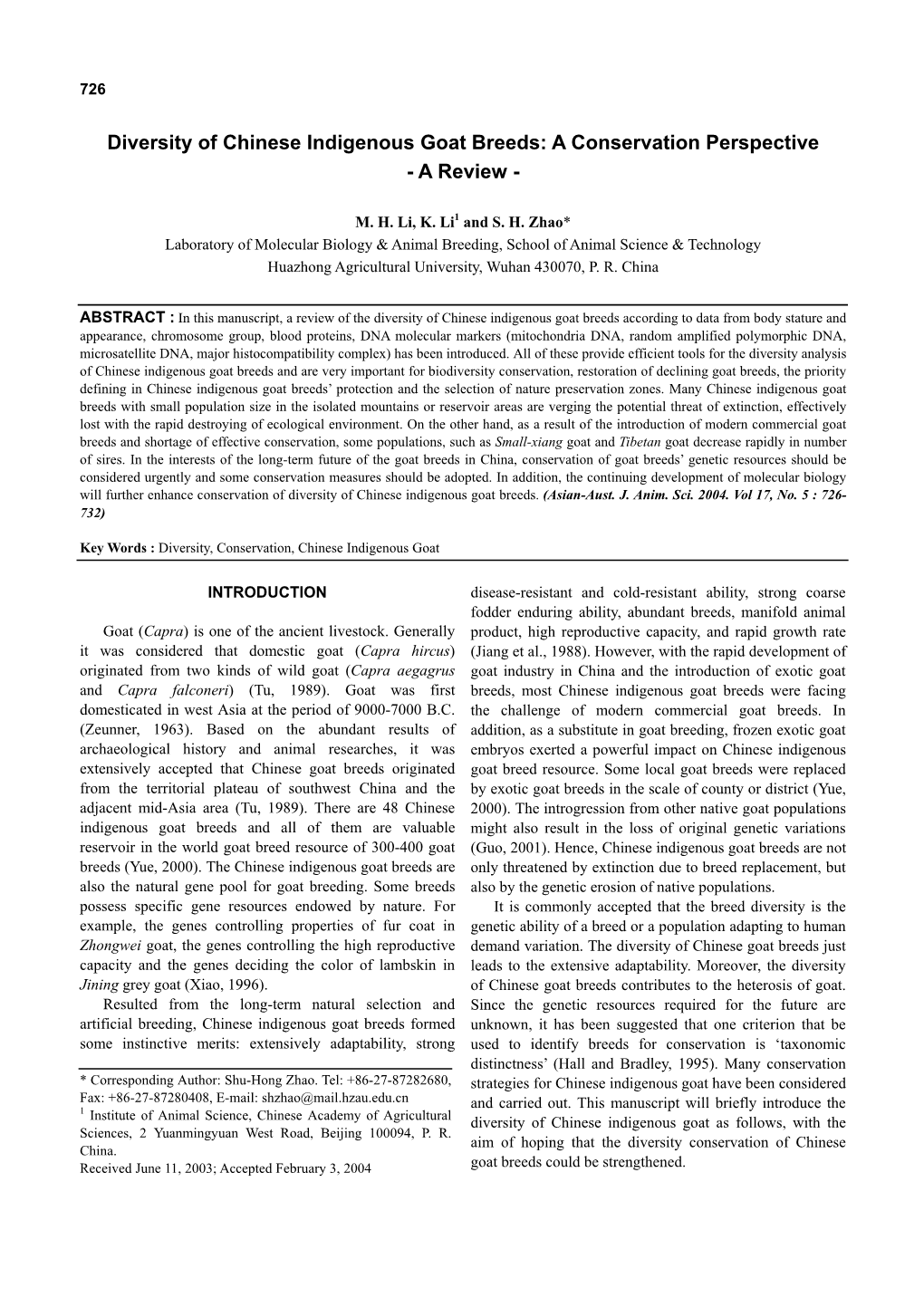 Diversity of Chinese Indigenous Goat Breeds: a Conservation Perspective - a Review