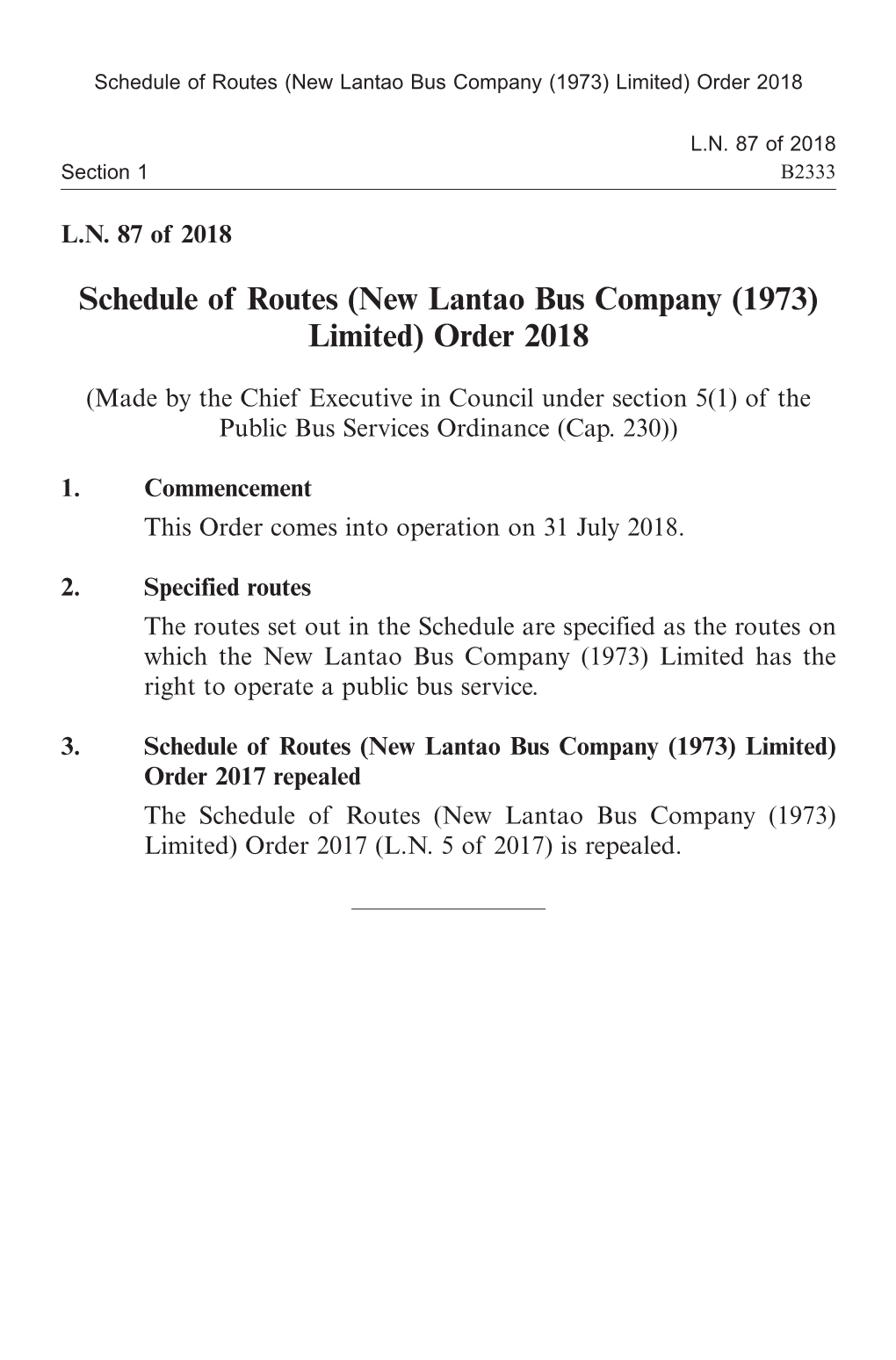 (New Lantao Bus Company (1973) Limited) Order 2018