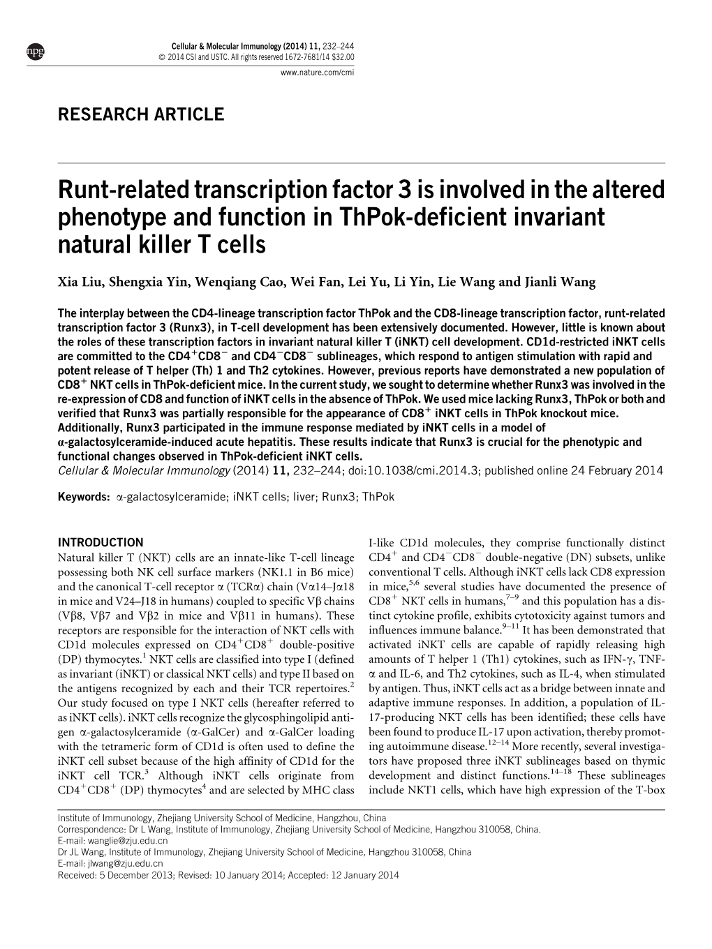 Runt-Related Transcription Factor 3 Is Involved in the Altered Phenotype and Function in Thpok-Deficient Invariant Natural Killer T Cells