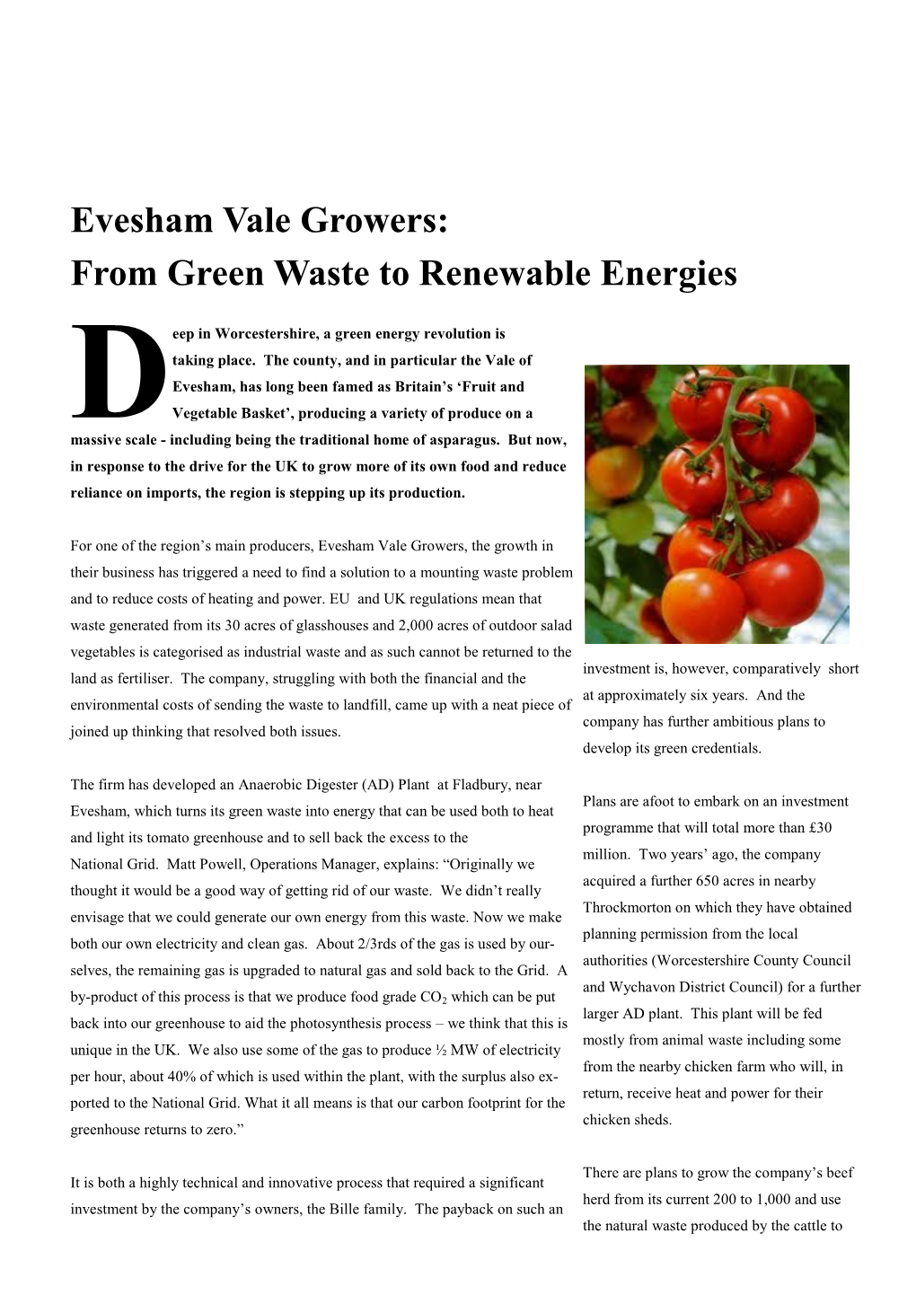 Evesham Vale Growers: from Green Waste to Renewable Energies