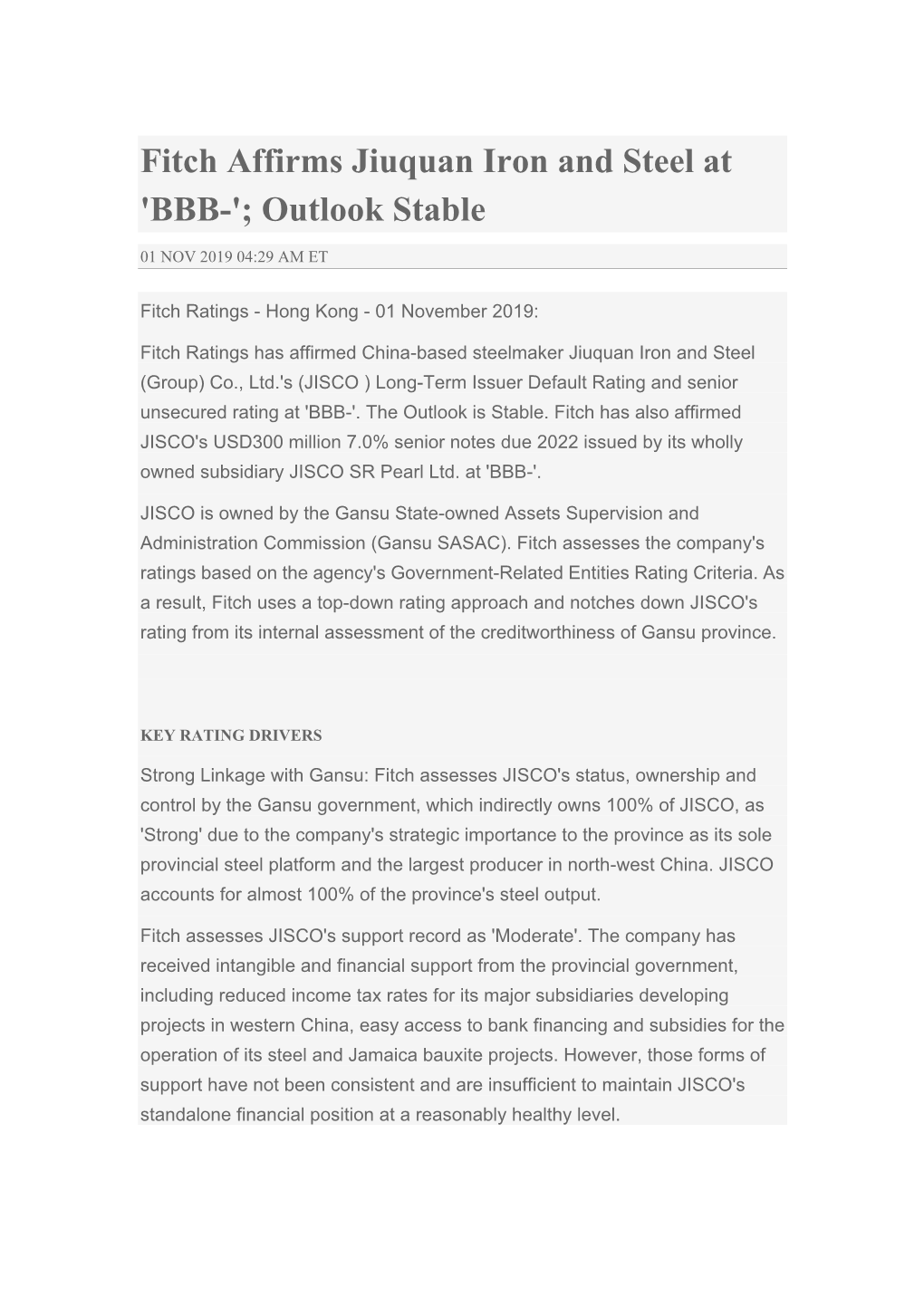 Fitch Affirms Jiuquan Iron and Steel at 'BBB-'; Outlook Stable