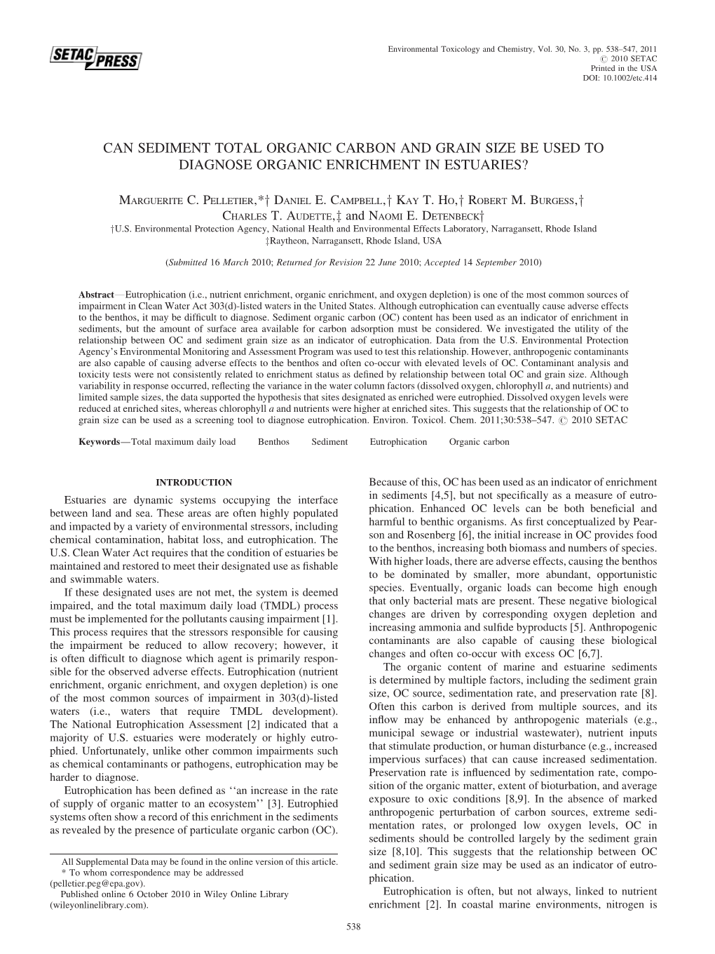 Can Sediment Total Organic Carbon and Grain Size Be Used to Diagnose Organic Enrichment in Estuaries?