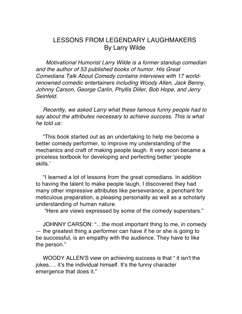 LESSONS from LEGENDARY LAUGHMAKERS by Larry Wilde