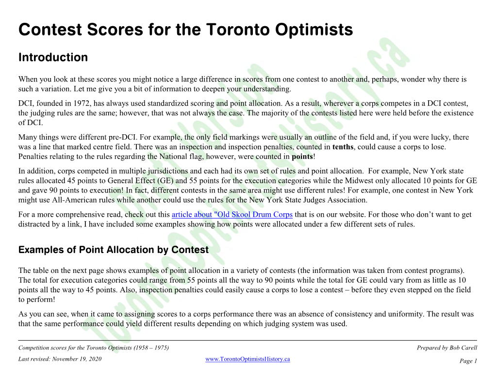 Contest Scores for the Toronto Optimists Drum Corps (1958