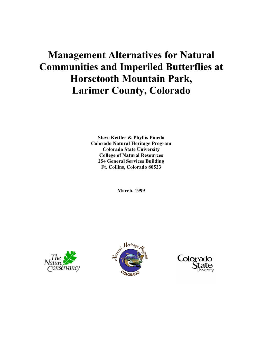 Management Alternatives for Natural Communities and Imperiled Butterflies at Horsetooth Mountain Park, Larimer County, Colorado