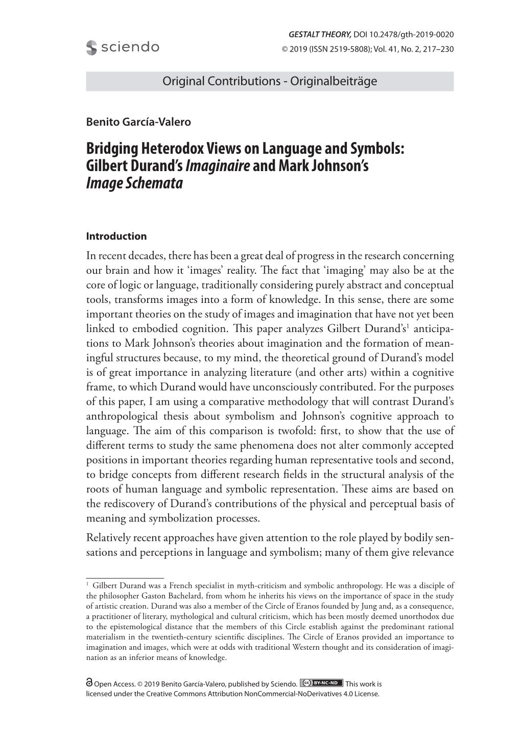 Bridging Heterodox Views on Language and Symbols: Gilbert Durand's Imaginaireand Mark Johnson's Image Schemata