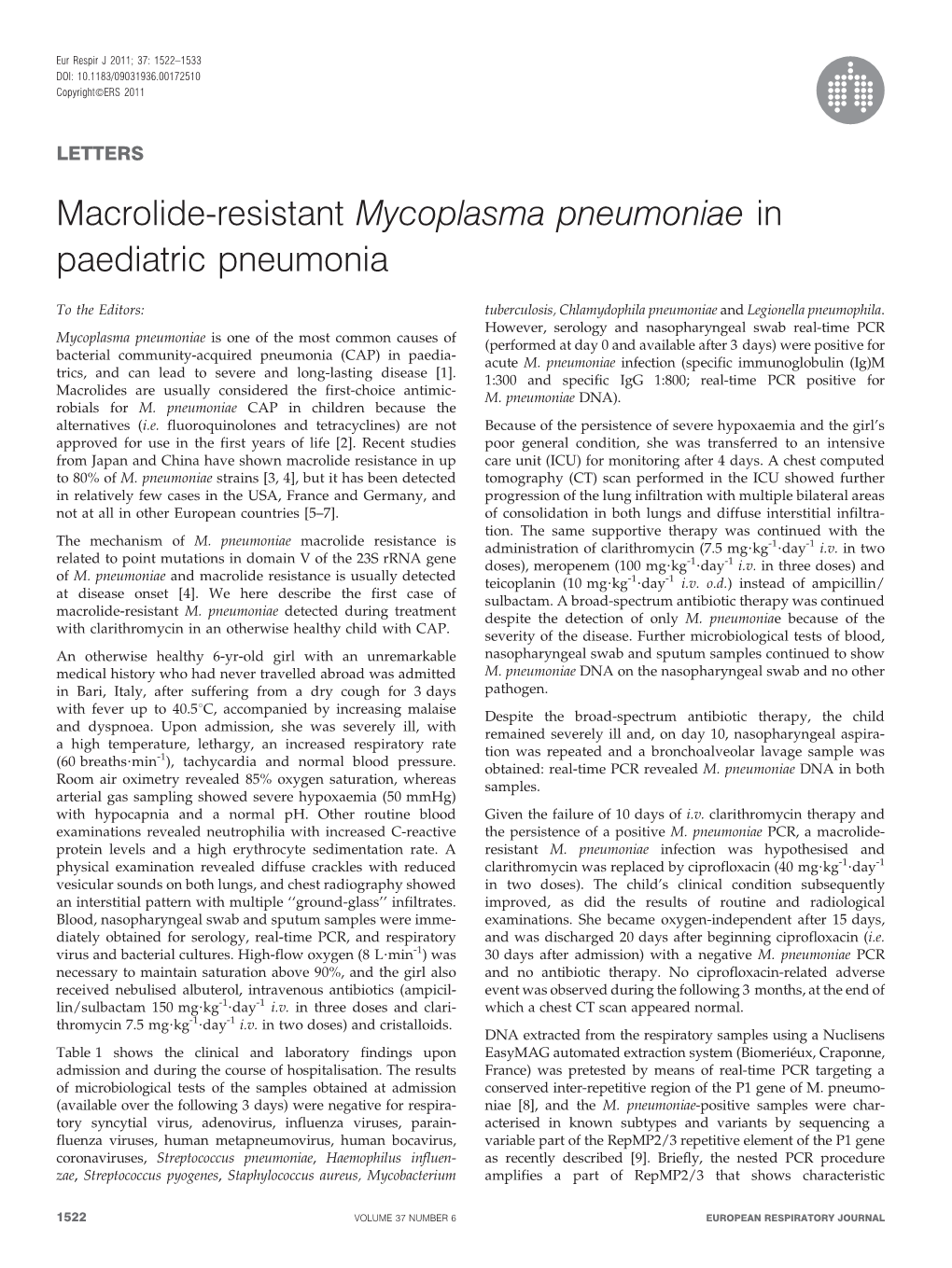 Macrolide-Resistant Mycoplasma Pneumoniae in Paediatric Pneumonia