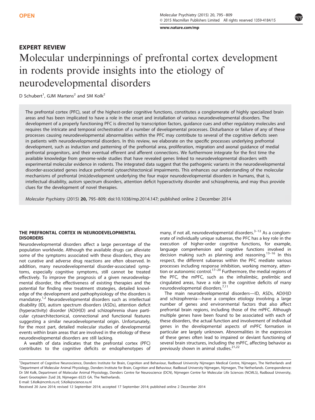 Molecular Underpinnings of Prefrontal Cortex Development in Rodents Provide Insights Into the Etiology of Neurodevelopmental Disorders