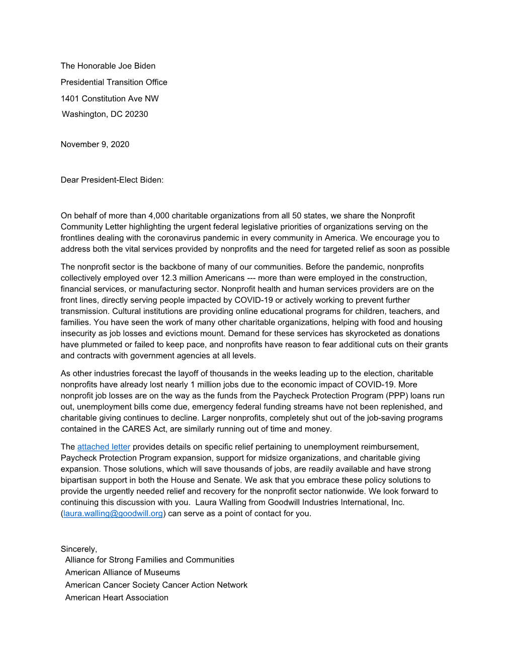 Letter to Biden Transition Team Re Nonprofit Relief