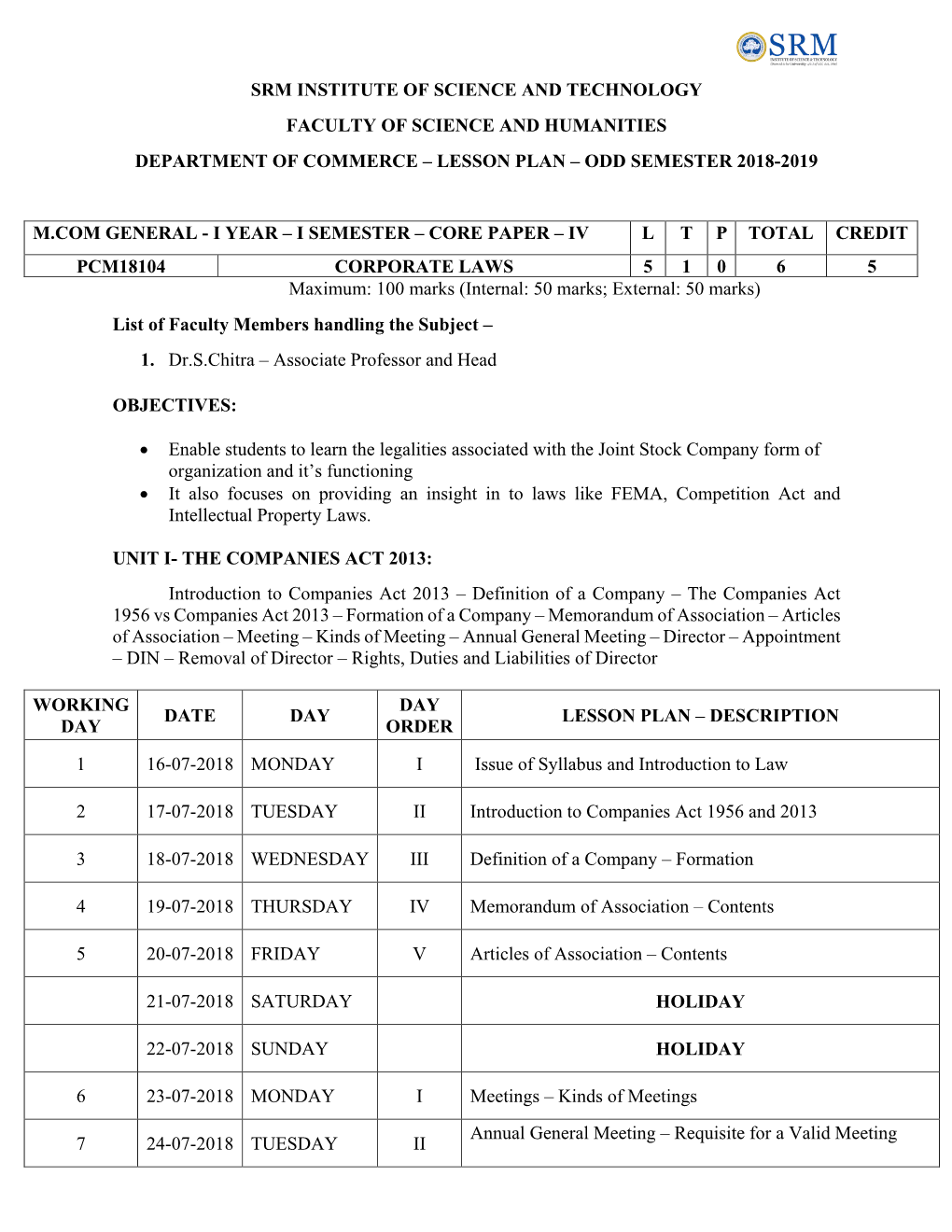 Srm Institute of Science and Technology Faculty of Science and Humanities Department of Commerce – Lesson Plan – Odd Semester 2018-2019