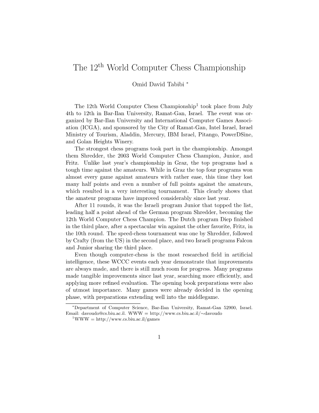 The 12Th World Computer Chess Championship