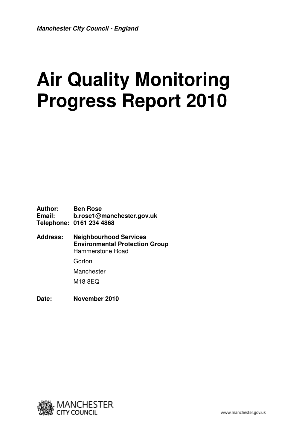 Air Quality Monitoring Progress Report 2010