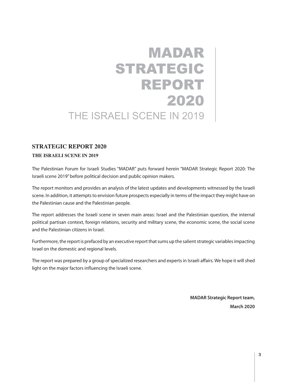 Madar Strategic Report 2020 the Israeli Scene in 2019