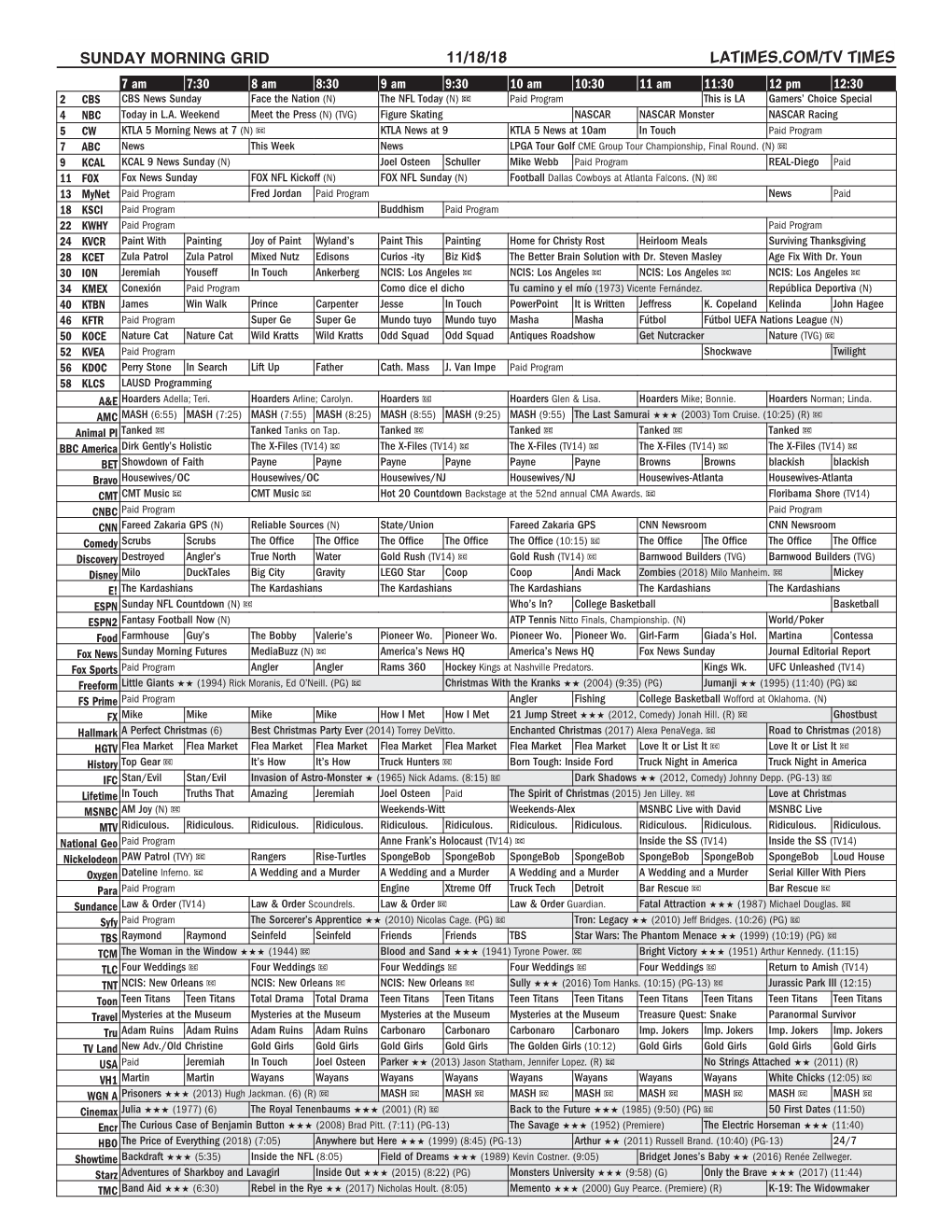 Sunday Morning Grid 11/18/18 Latimes.Com/Tv Times