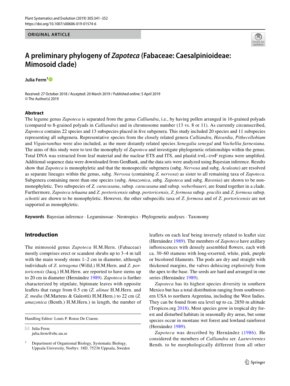 A Preliminary Phylogeny of Zapoteca (Fabaceae: Caesalpinioideae: Mimosoid Clade)