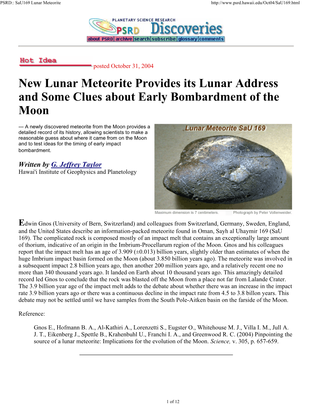 New Lunar Meteorite Provides Its Lunar Address and Some Clues About Early Bombardment of the Moon