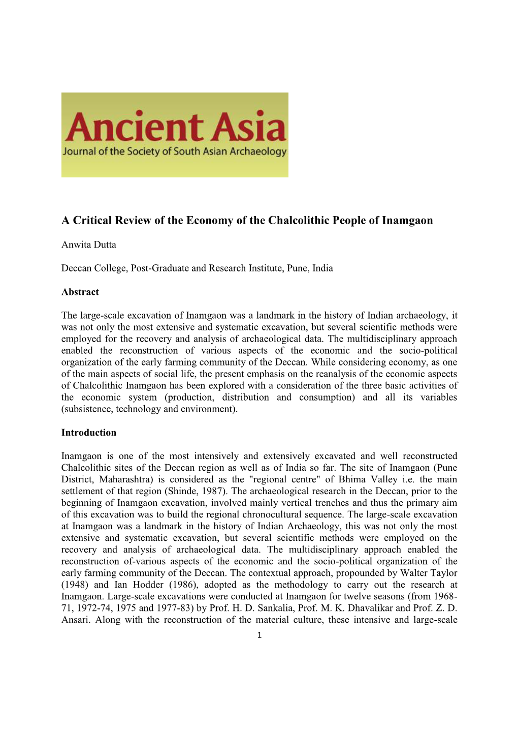 A Critical Review of the Economy of the Chalcolithic People of Inamgaon