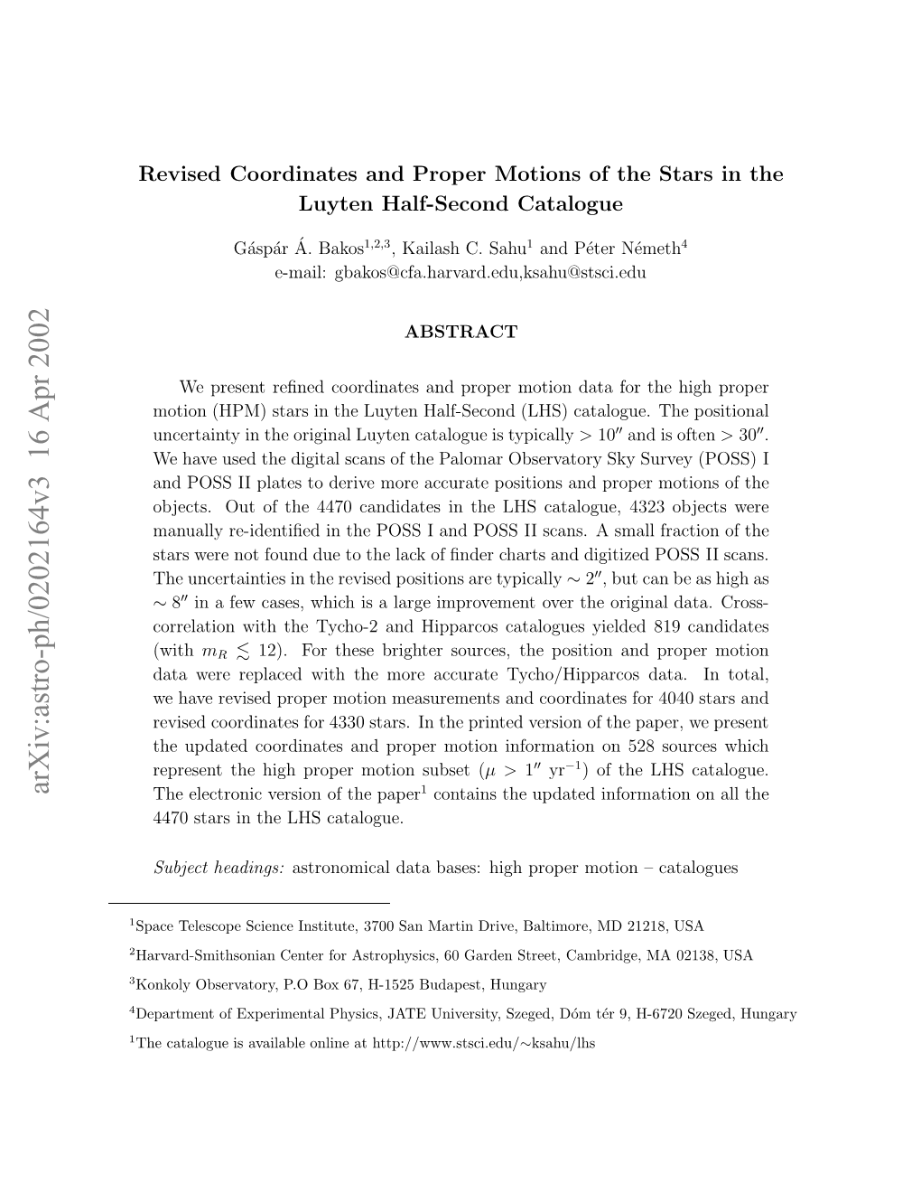 Arxiv:Astro-Ph/0202164V3 16 Apr 2002