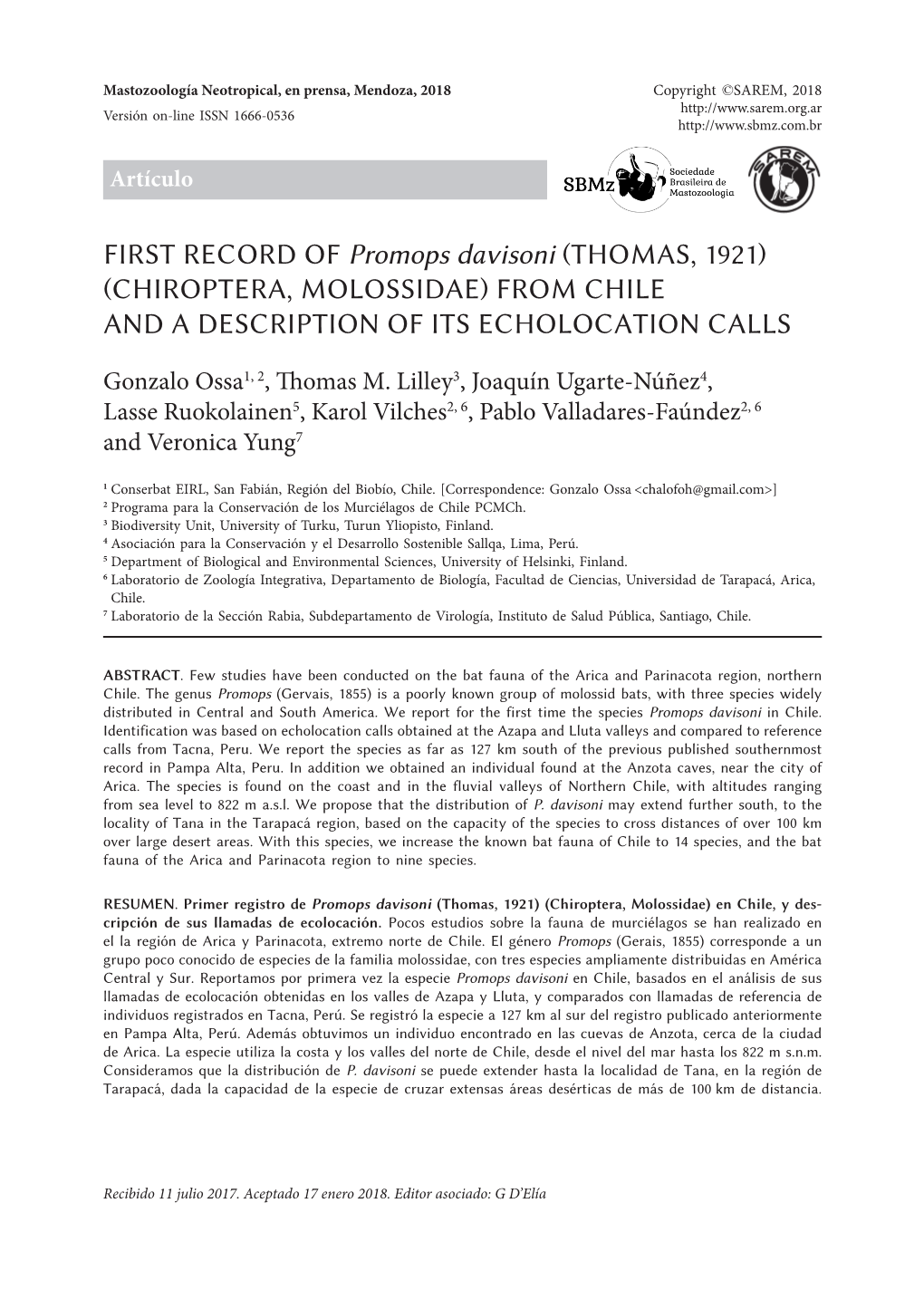 FIRST RECORD of Promops Davisoni (THOMAS, 1921) (CHIROPTERA, MOLOSSIDAE) from CHILE and a DESCRIPTION of ITS ECHOLOCATION CALLS