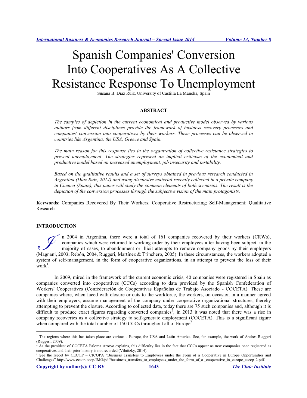 Spanish Companies' Conversion Into Cooperatives As a Collective Resistance Response to Unemployment Susana B