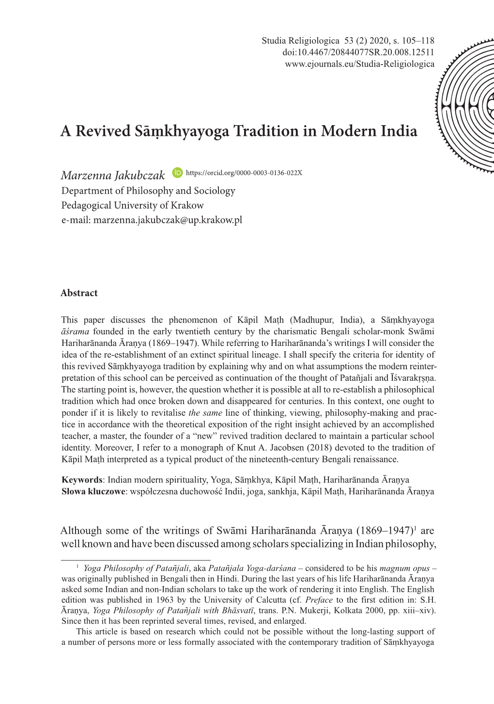 A Revived Sāṃkhyayoga Tradition in Modern India