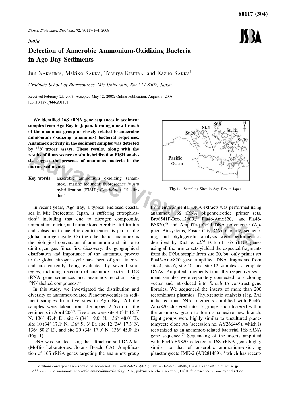 Detection of Anaerobic Ammonium-Oxidizing Bacteria in Ago Bay Sediments