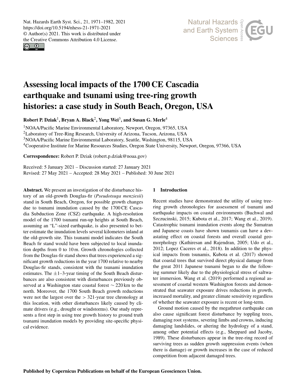 Assessing Local Impacts of the 1700 CE Cascadia Earthquake and Tsunami Using Tree-Ring Growth Histories: a Case Study in South Beach, Oregon, USA