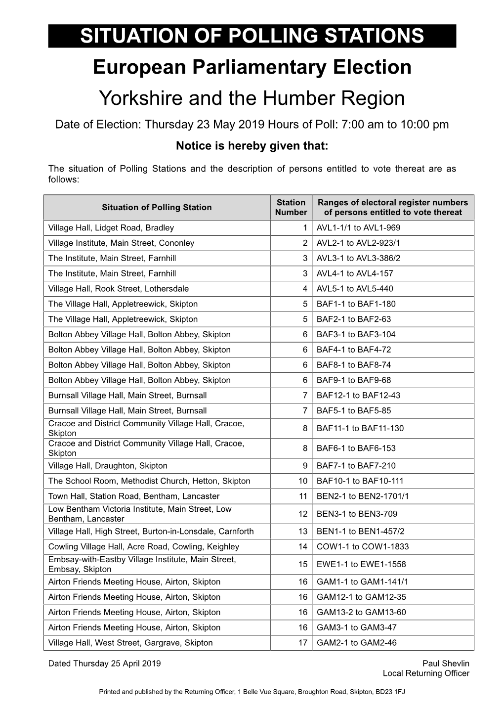 SITUATION of POLLING STATIONS European Parliamentary Election Yorkshire and the Humber Region