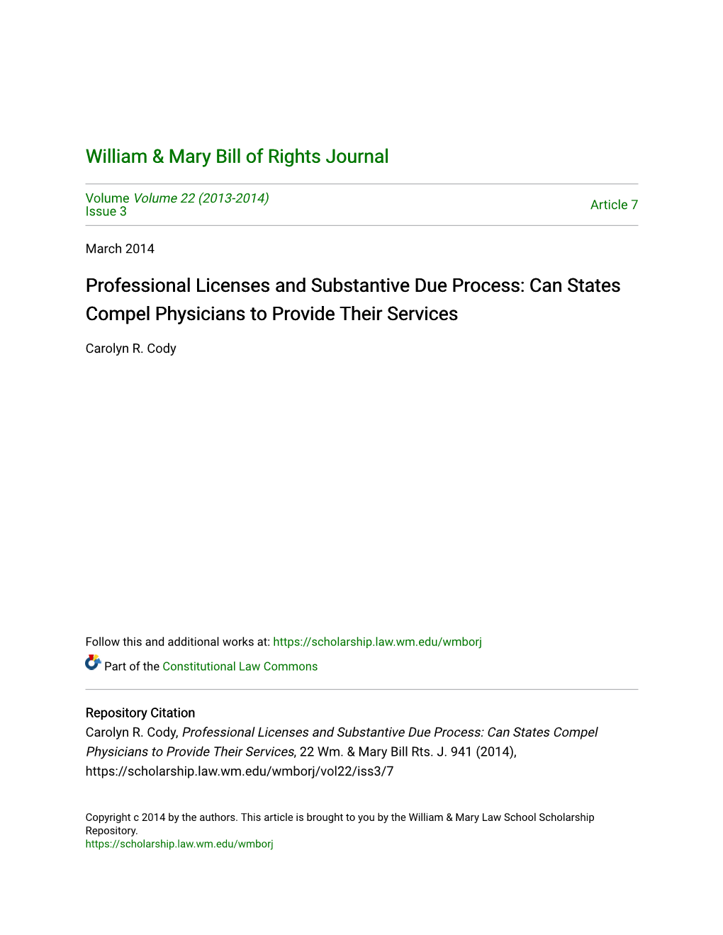 Professional Licenses and Substantive Due Process: Can States Compel Physicians to Provide Their Services