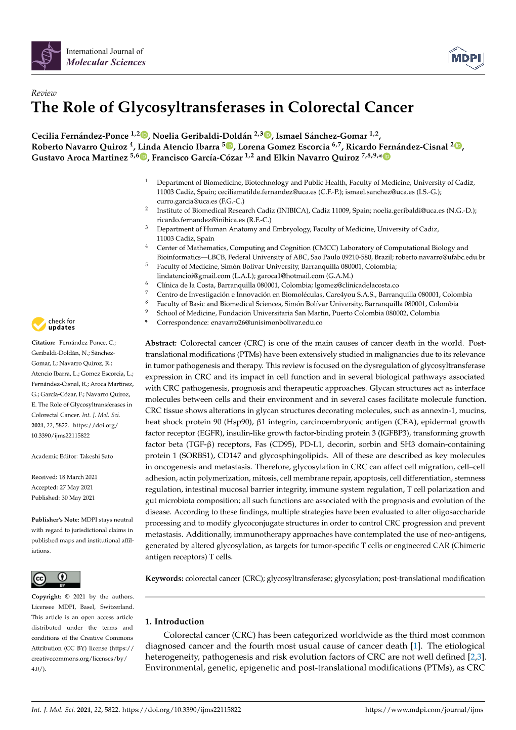 The Role of Glycosyltransferases in Colorectal Cancer