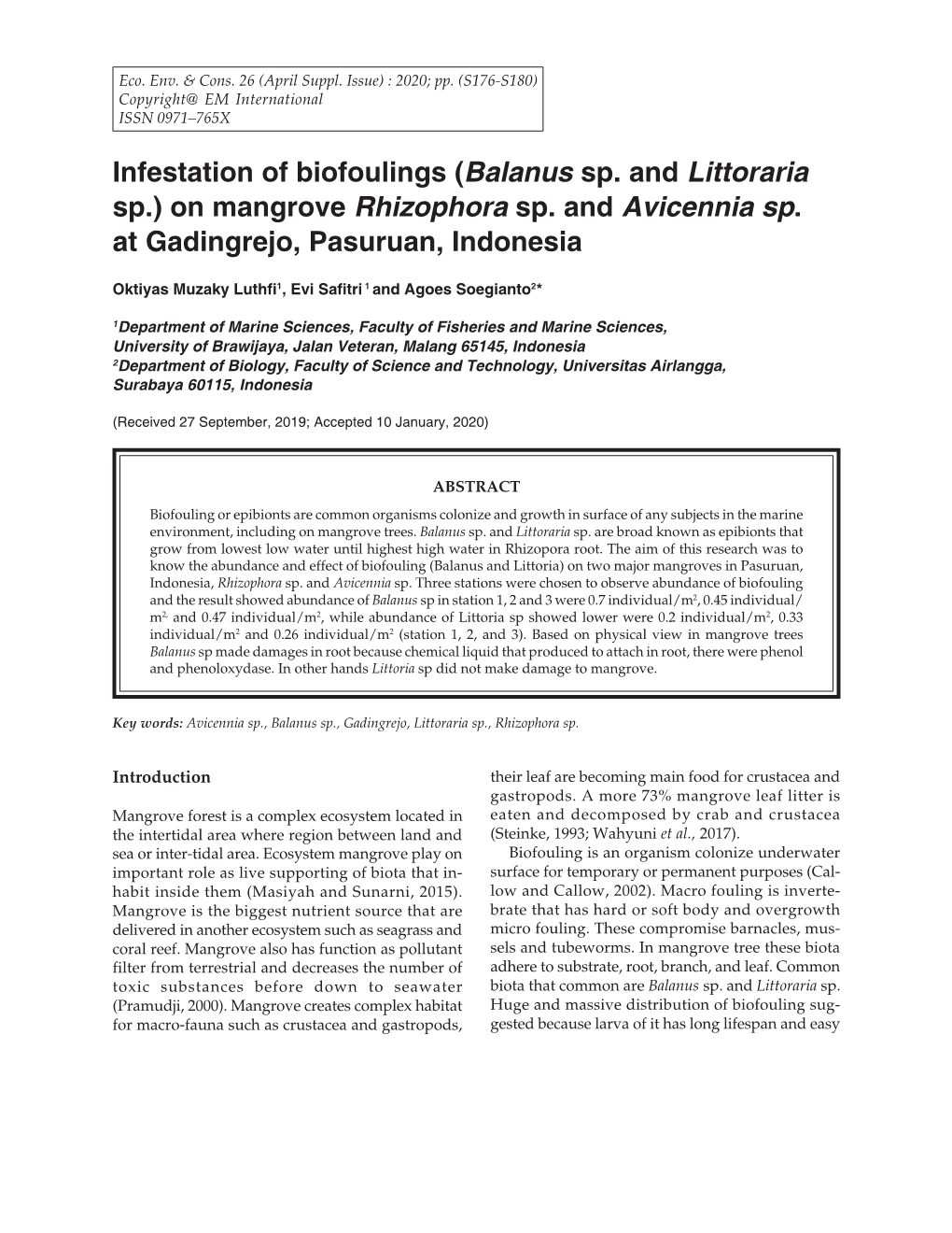 Infestation of Biofoulings (Balanus Sp. and Littoraria Sp.) on Mangrove Rhizophora Sp